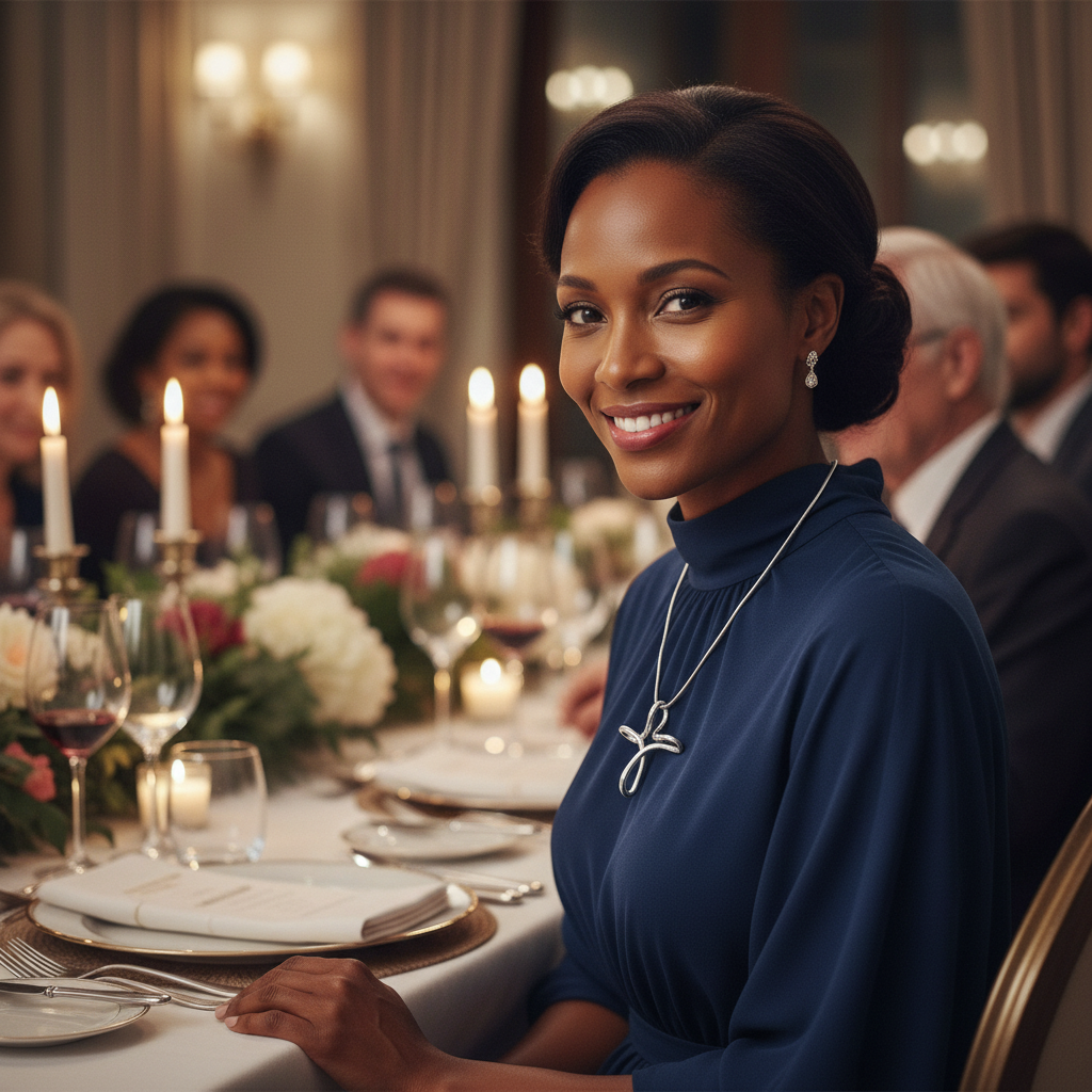 Woman in a blue dress sitting at a formal dinner table with candles and guests in the background.