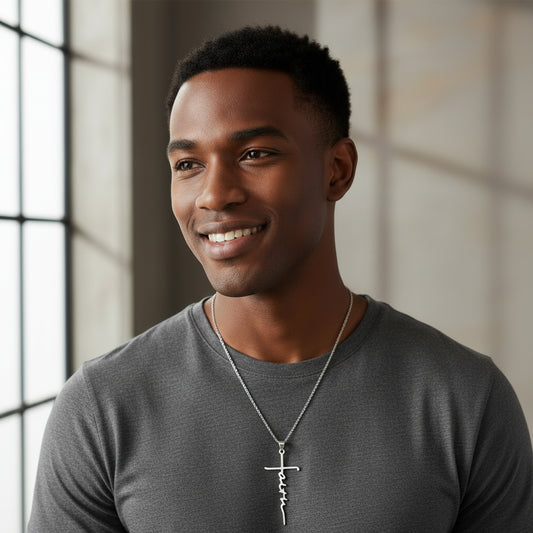 Silver cross-shaped pendant with 'Faith' on a white background