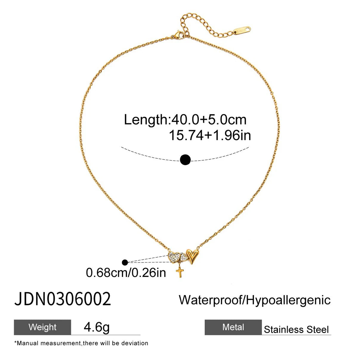 Elegant Heart and Cross Pendant Necklace w/Rhinestones