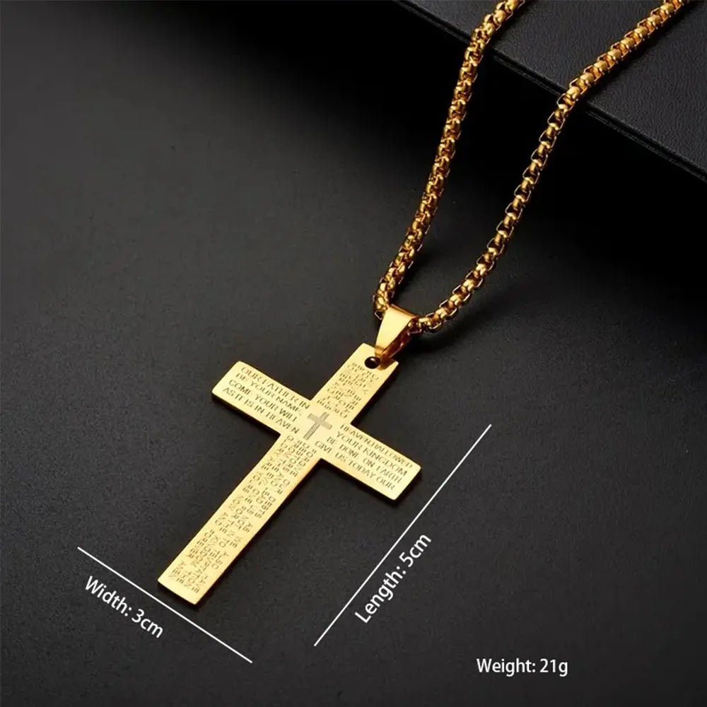 Unisex Lord's Prayer Engraved Cross Pendant Necklace