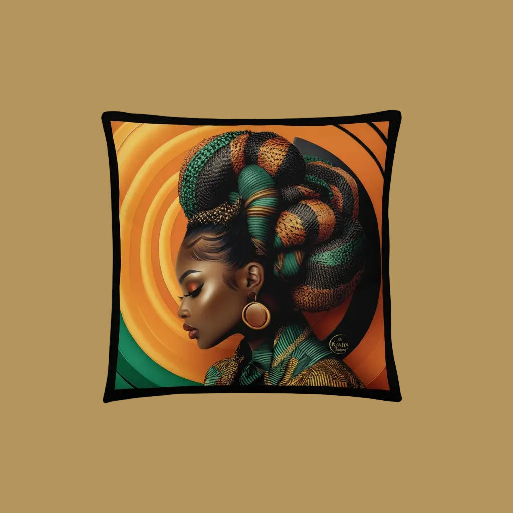 Square throw pillow featuring a vibrant graphic print of an African woman in profile with elaborate braided hair, set against a circular orange and yellow background, finished with a black border.