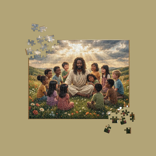 A completed jigsaw puzzle showing Jesus sitting in a field with children, surrounded by scattered puzzle pieces on a white background.