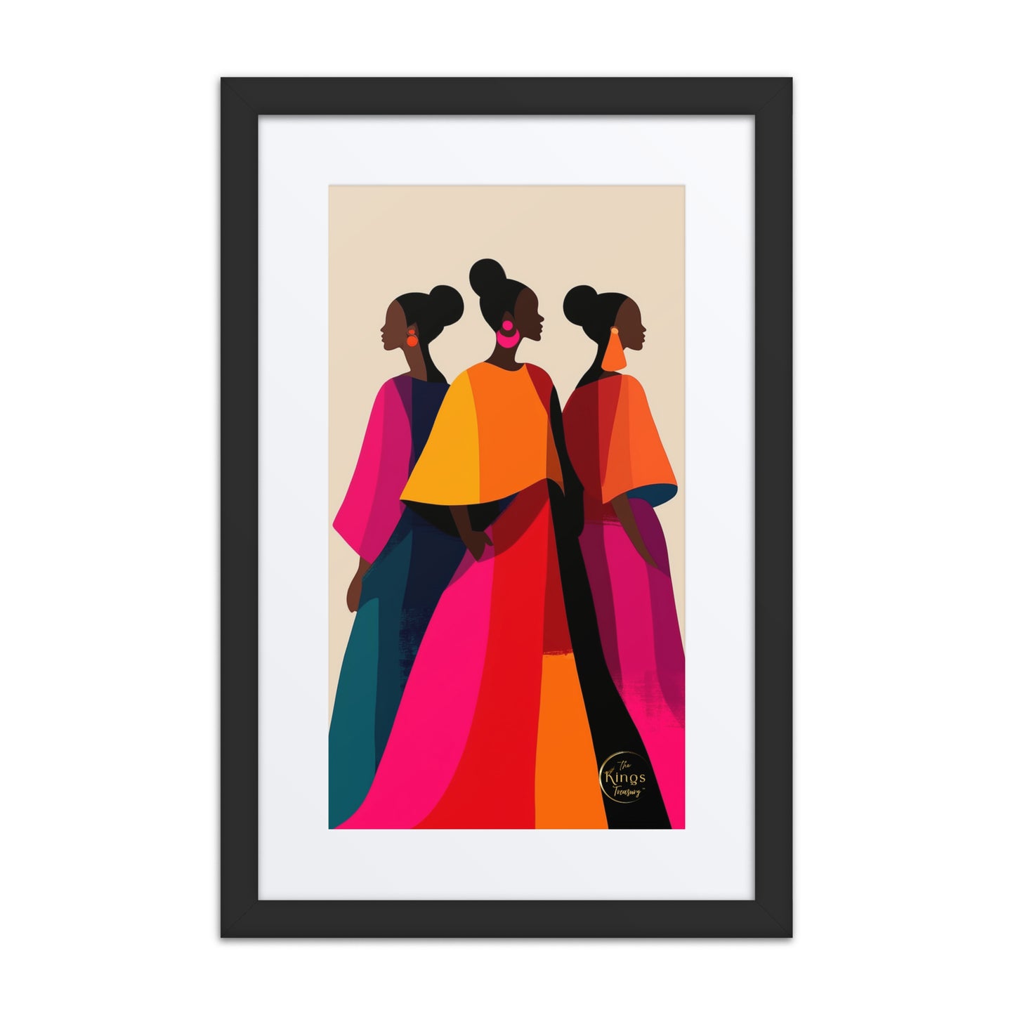 Framed art print featuring a stylized illustration of three women in profile wearing colorful traditional garments, presented in a black frame with a white mat on a light gray background.