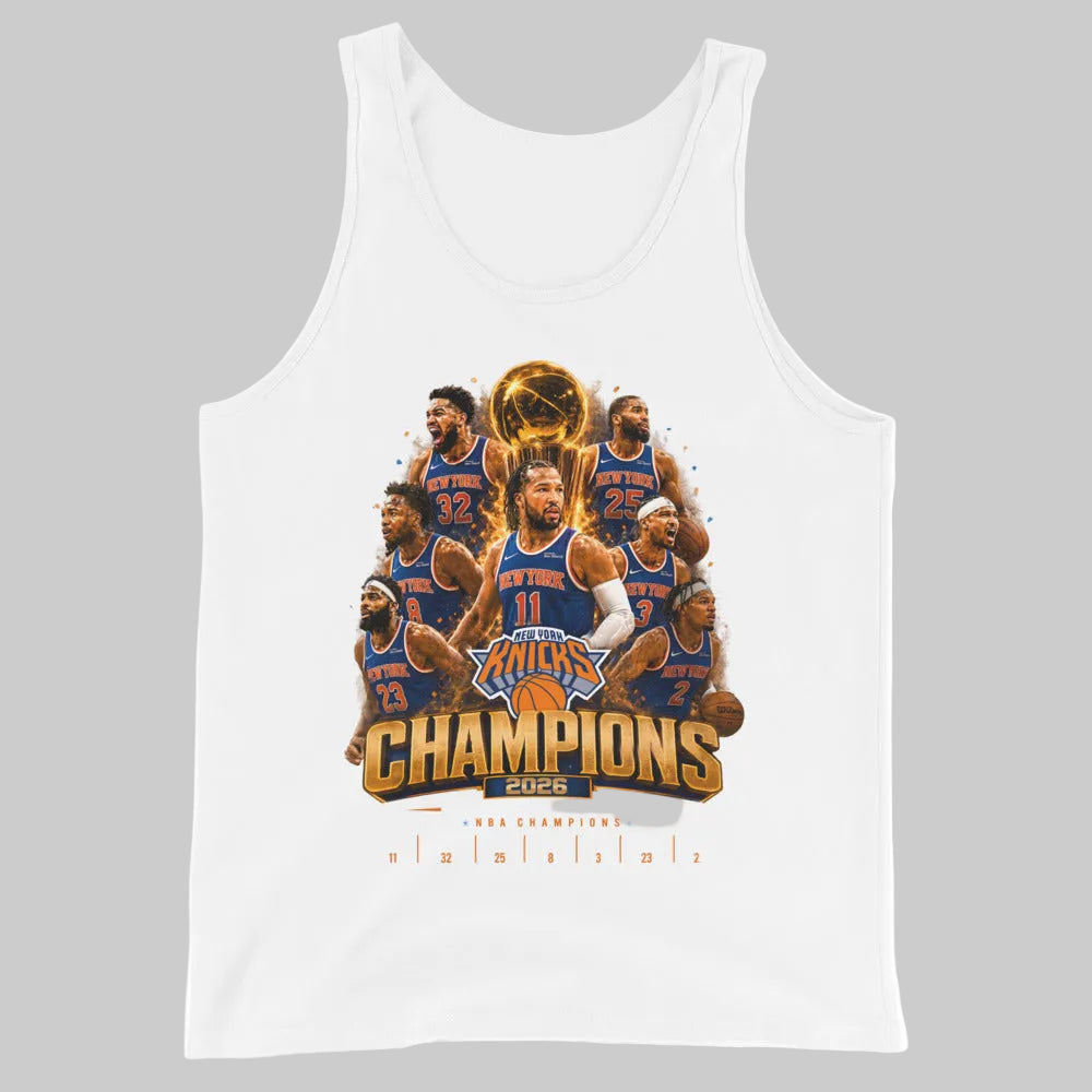 White tank top with basketball player graphic and 'Champions' text on a white background