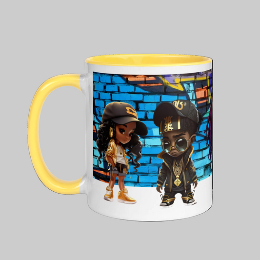 A ceramic mug with a colorful design featuring two cartoon characters and a colorful interior.