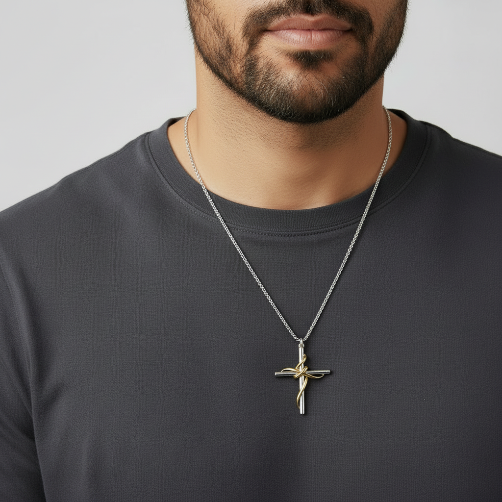 Man wearing a dark gray shirt with a necklace featuring a cross pendant.
