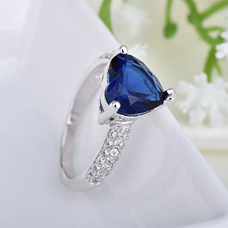925 Sterling Silver Blue Crystal Heart Ring