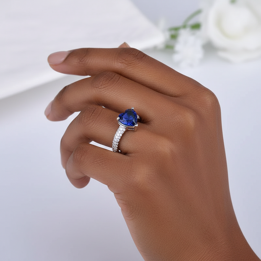 925 Sterling Silver Blue Crystal Heart Ring
