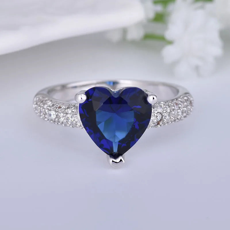 925 Sterling Silver Blue Crystal Heart Ring