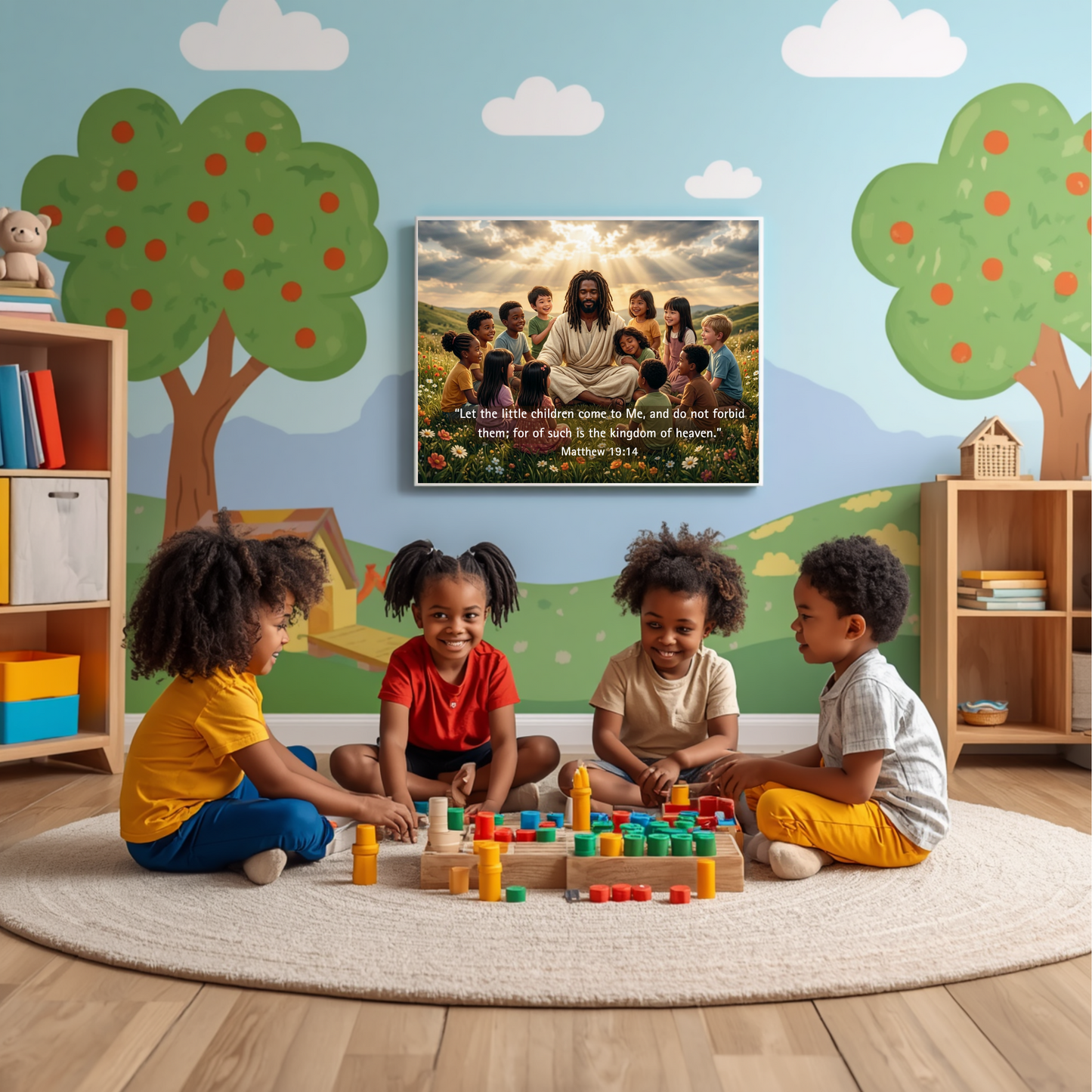 Children playing with toys in a room with a wall mural of Jesus and children.