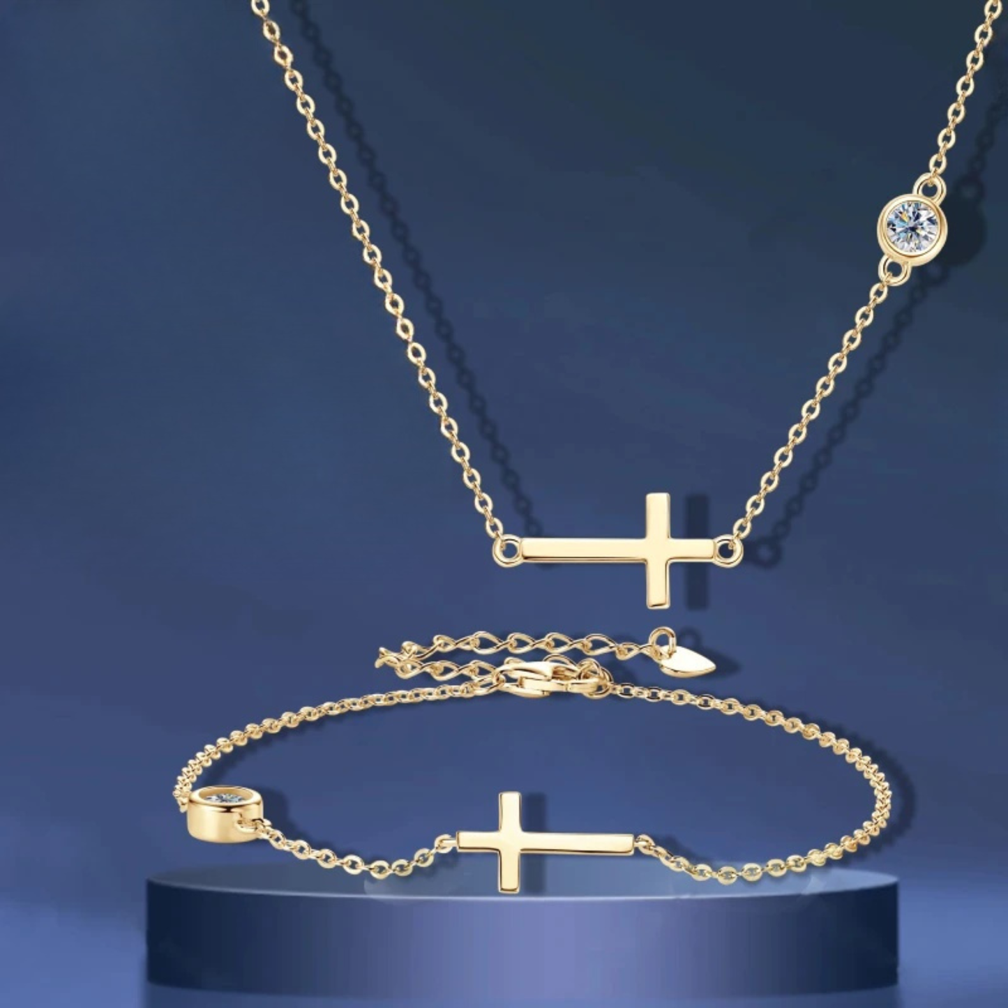 18K Gold Plated 925 Silver Cross Necklace & Bracelet Set