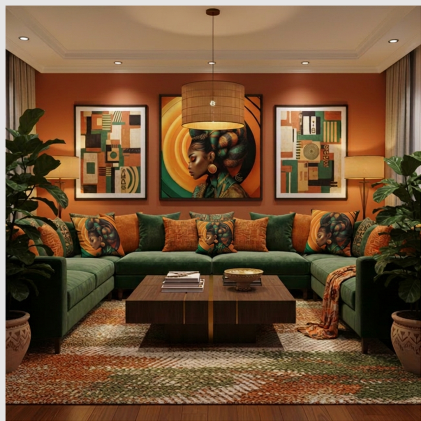 A styled living room featuring a large U-shaped emerald green sectional sofa with orange and patterned accent pillows, set in front of a terracotta wall with three framed artworks. The room is decorated with potted plants, a wooden coffee table, and a patterned area rug.