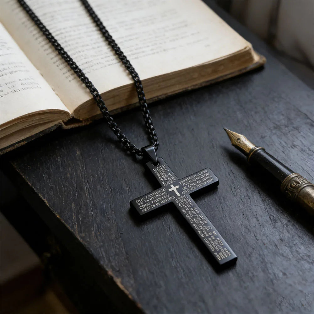 Unisex Lord's Prayer Engraved Cross Pendant Necklace