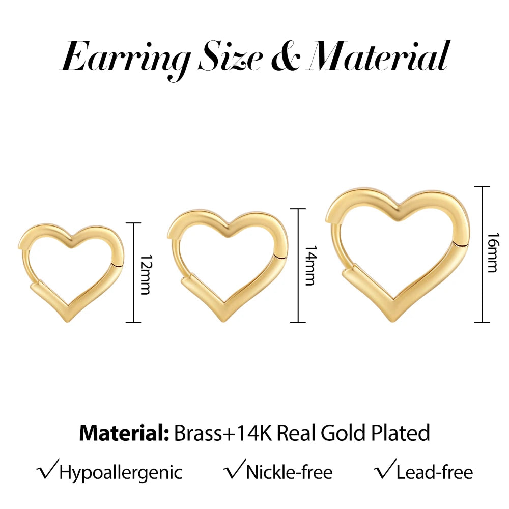 Heart-shaped earrings with measurements and material details on a white background