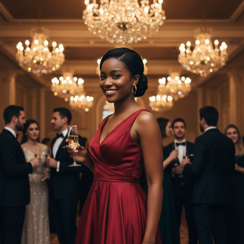 Woman in a red dress holding a glass of wine in a formal event setting with chandeliers.