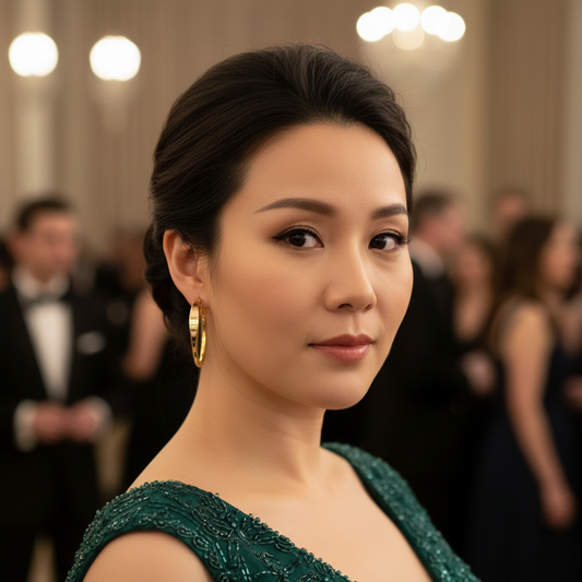 Woman in a green dress with a blurred formal event background