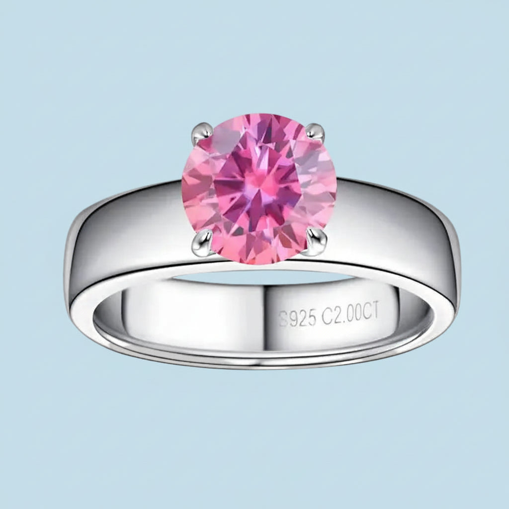 Silver ring with a pink gemstone on a light blue background
