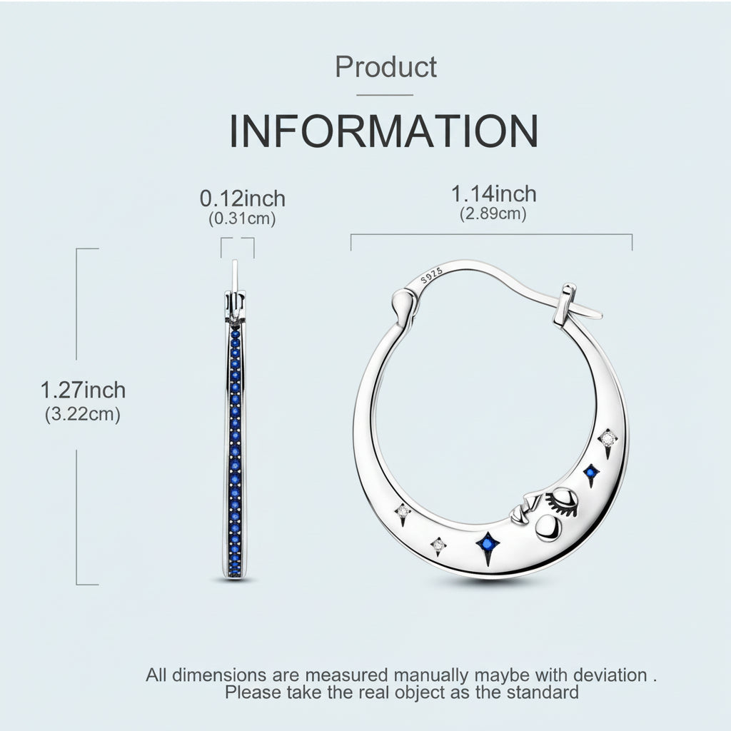 Earring with measurements on a light blue background