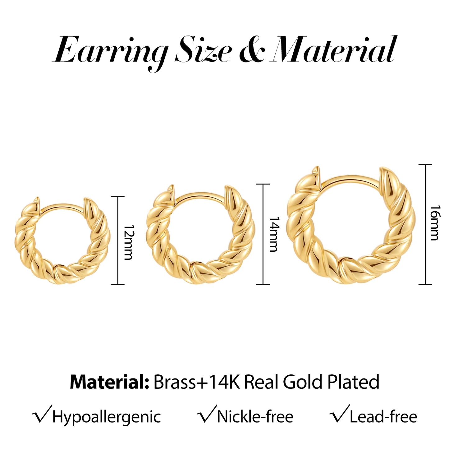 Gold hoop earrings with measurements and material details on a white background