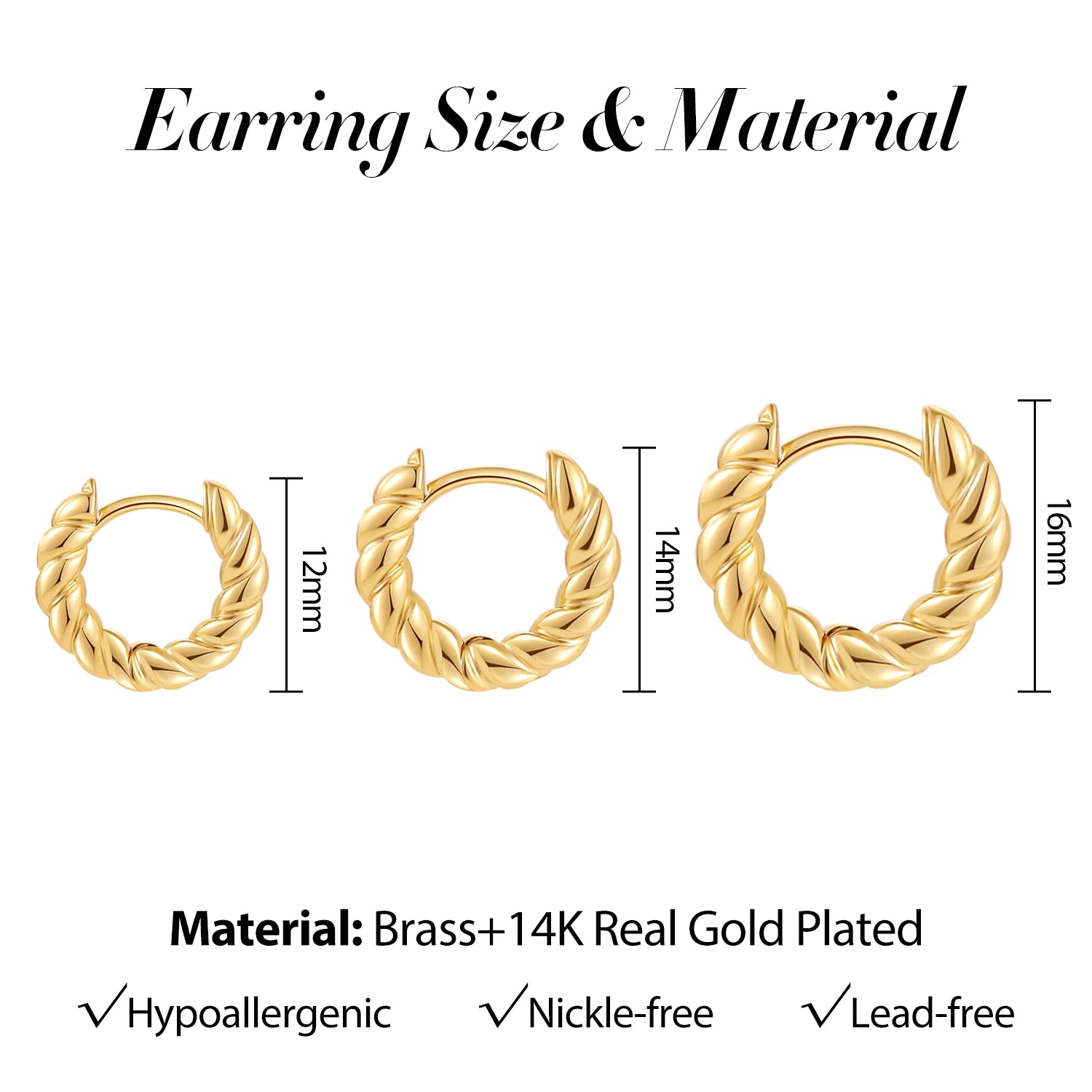 Gold hoop earrings with measurements and material details on a white background