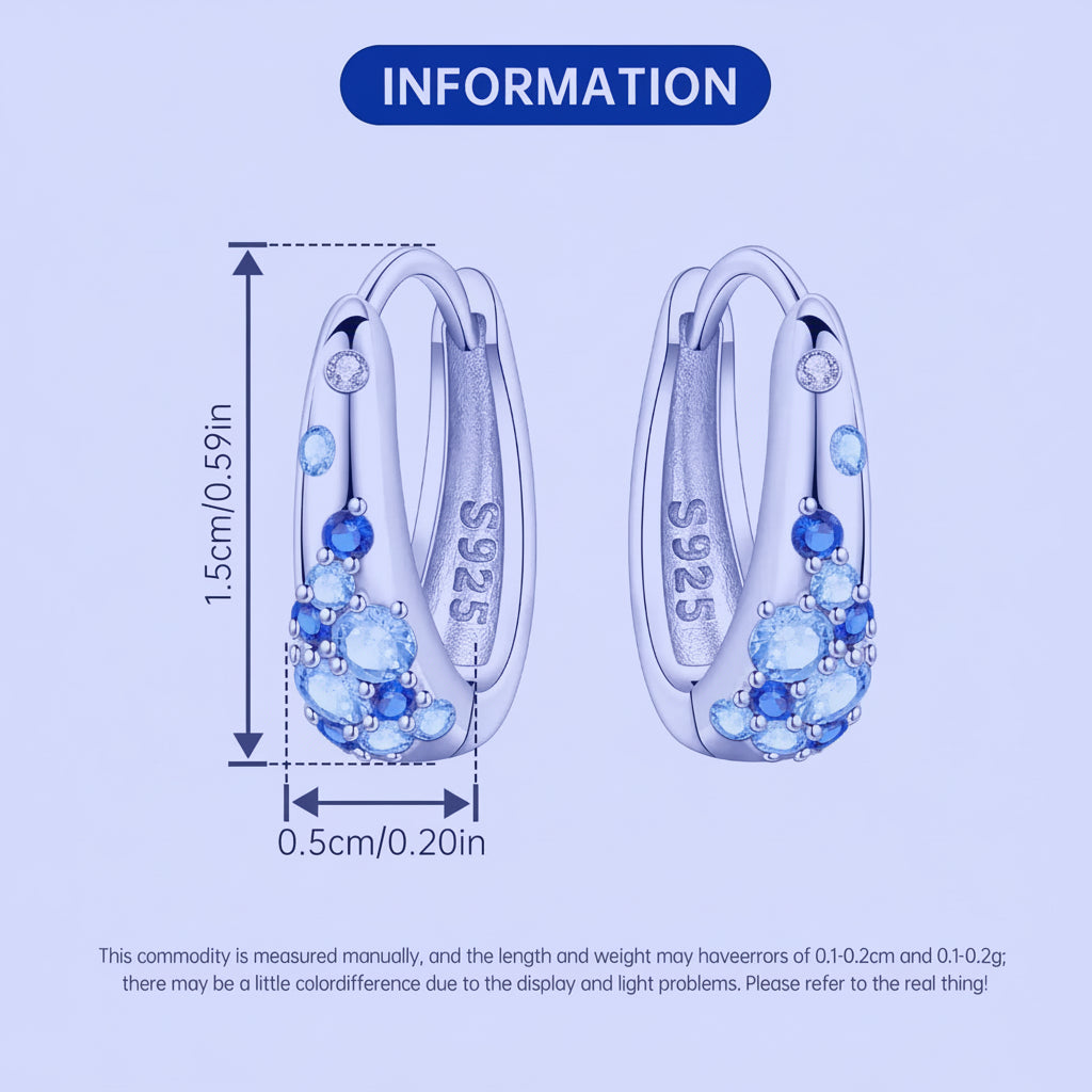 Silver hoop earrings with blue gemstones and measurement details on a light blue background