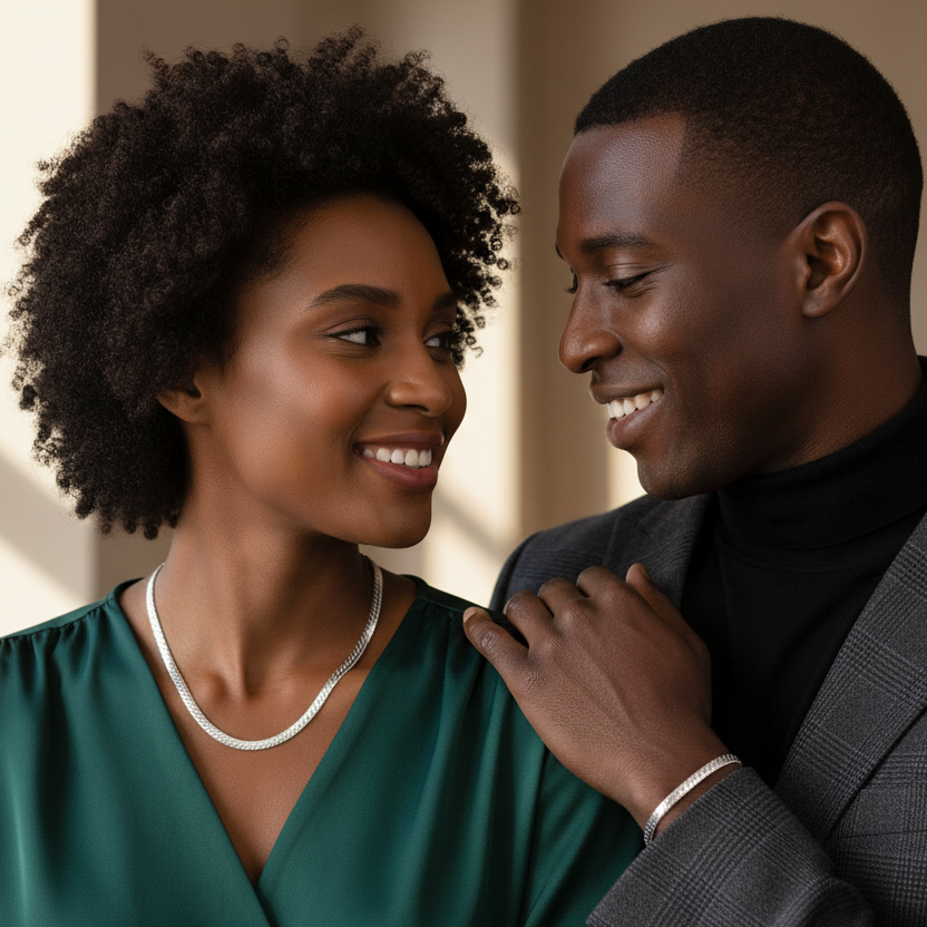 Man and woman smiling at each other with a warm indoor setting