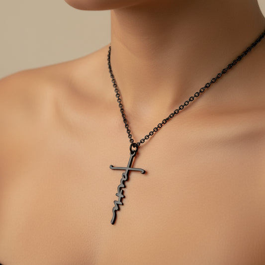 Necklace with a cross pendant on a person's neck against a neutral background