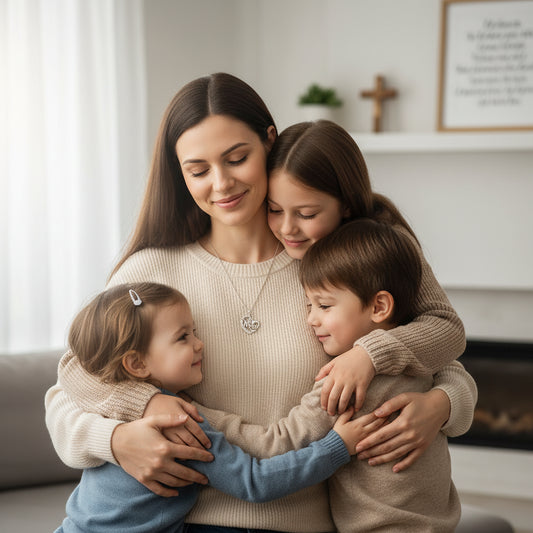 Silver necklace with a heart-shaped pendant on a mother with her children around.