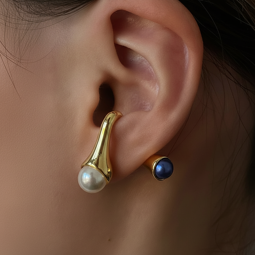 Close-up of an ear wearing a gold earring with a pearl and a blue gemstone.