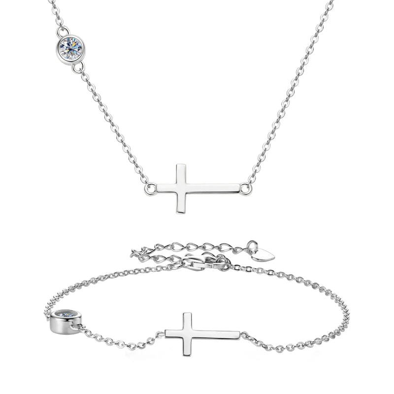 18K Gold Plated 925 Silver Cross Necklace & Bracelet Set