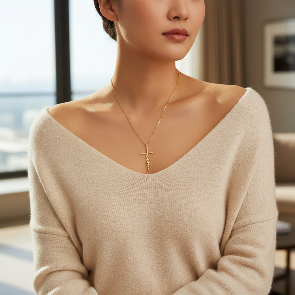 Gold cross pendant necklace on a white background