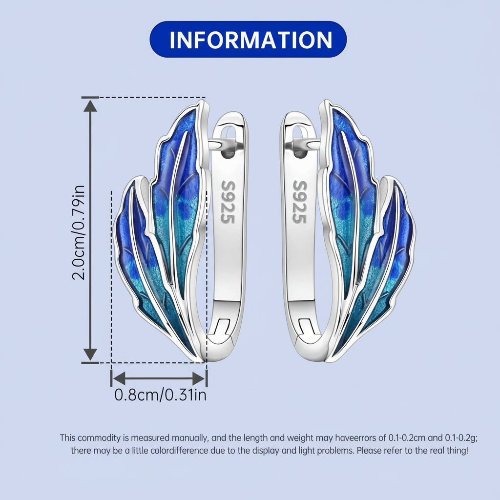Blue feather-shaped earrings with silver accents and measurement details on a white background.