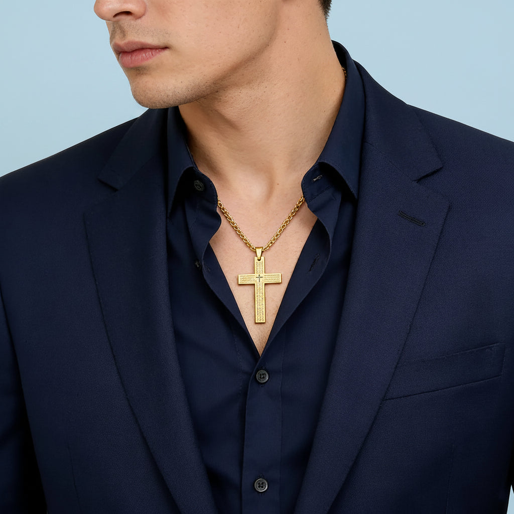 Man wearing a navy suit with a gold cross necklace on a light blue background
