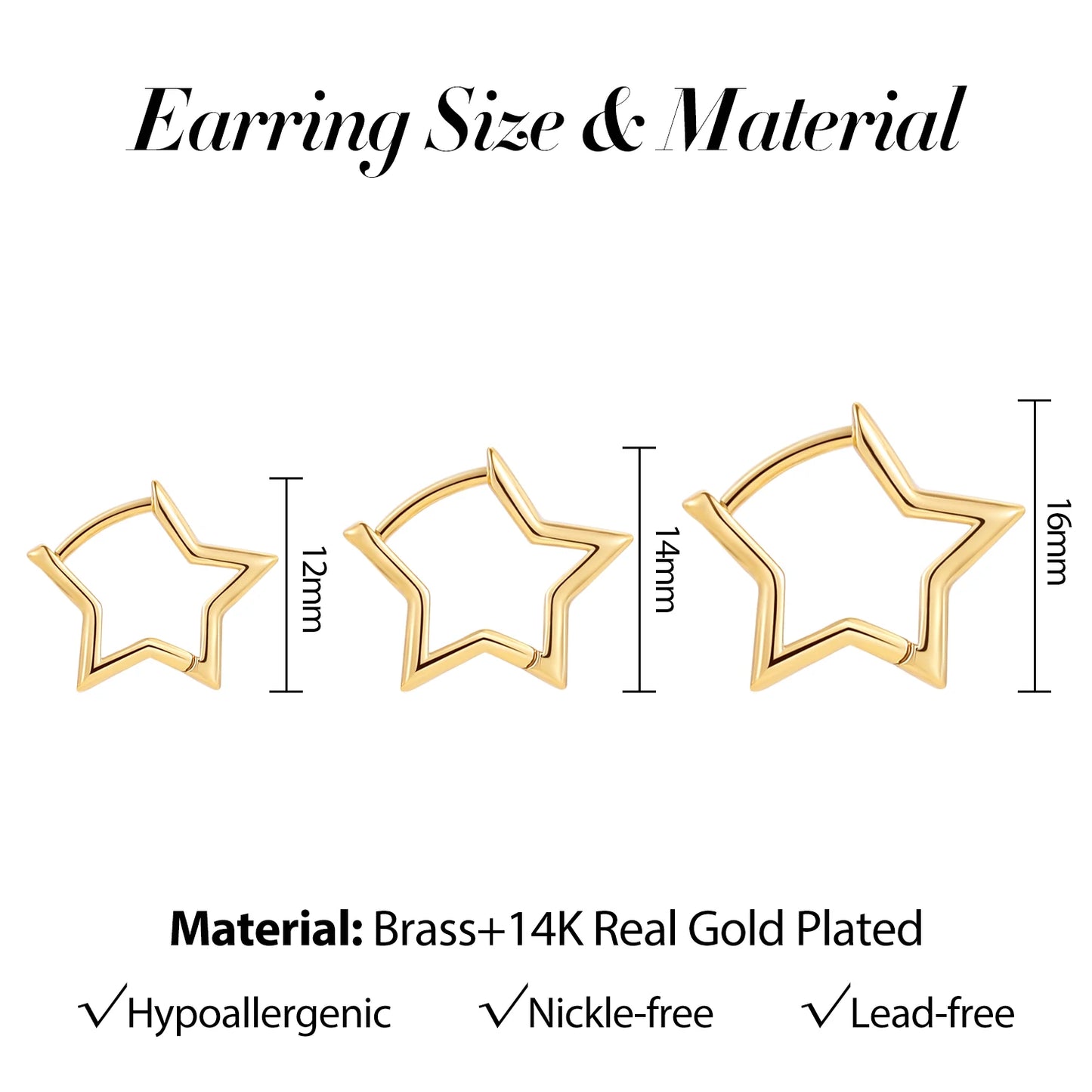 Star-shaped earrings with measurements and material details on a white background