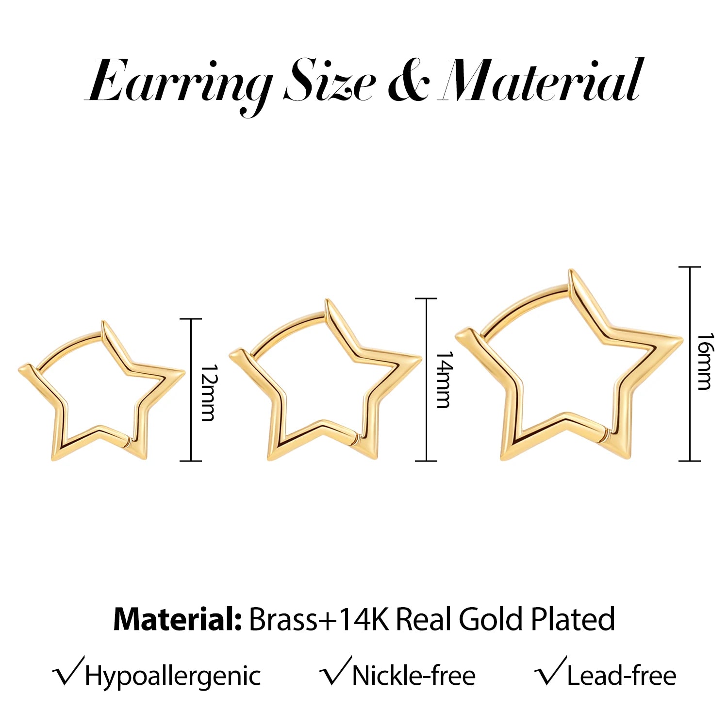 Star-shaped earrings with measurements and material details on a white background