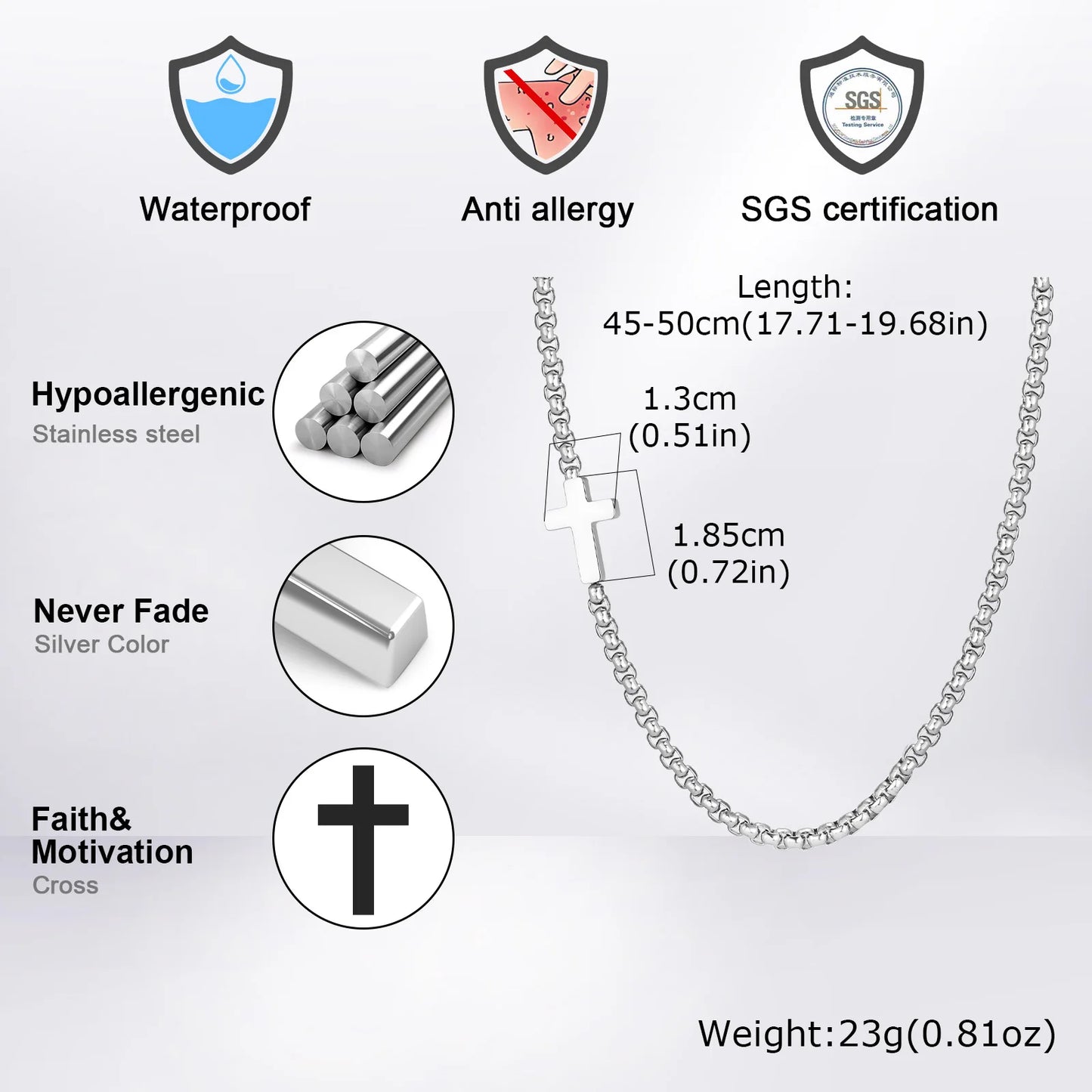 Product details of a necklace including waterproof, anti-allergy, SGS certification, hypoallergenic stainless steel, never fade silver color, and cross design.