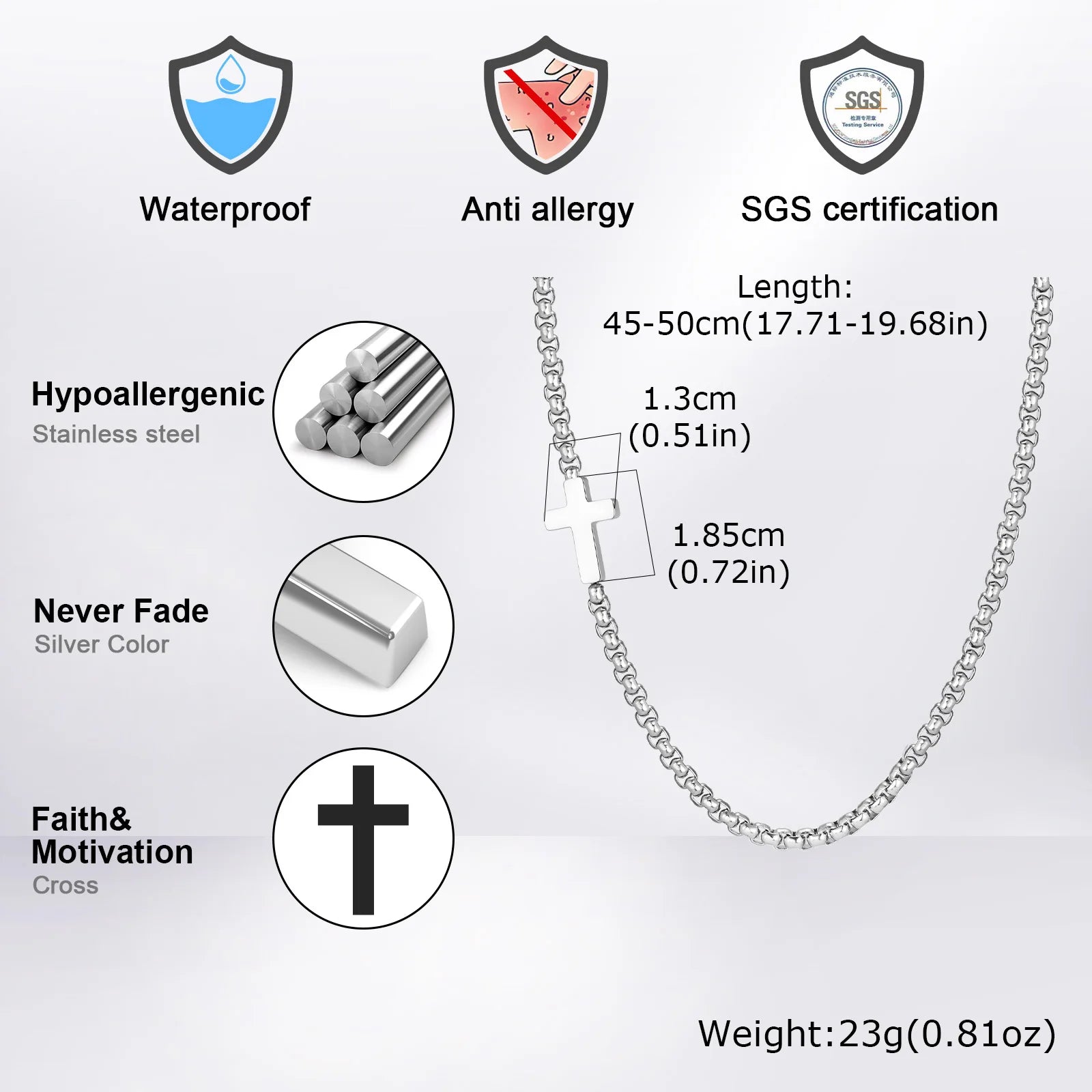 Product details of a necklace including waterproof, anti-allergy, SGS certification, hypoallergenic stainless steel, never fade silver color, and cross design.