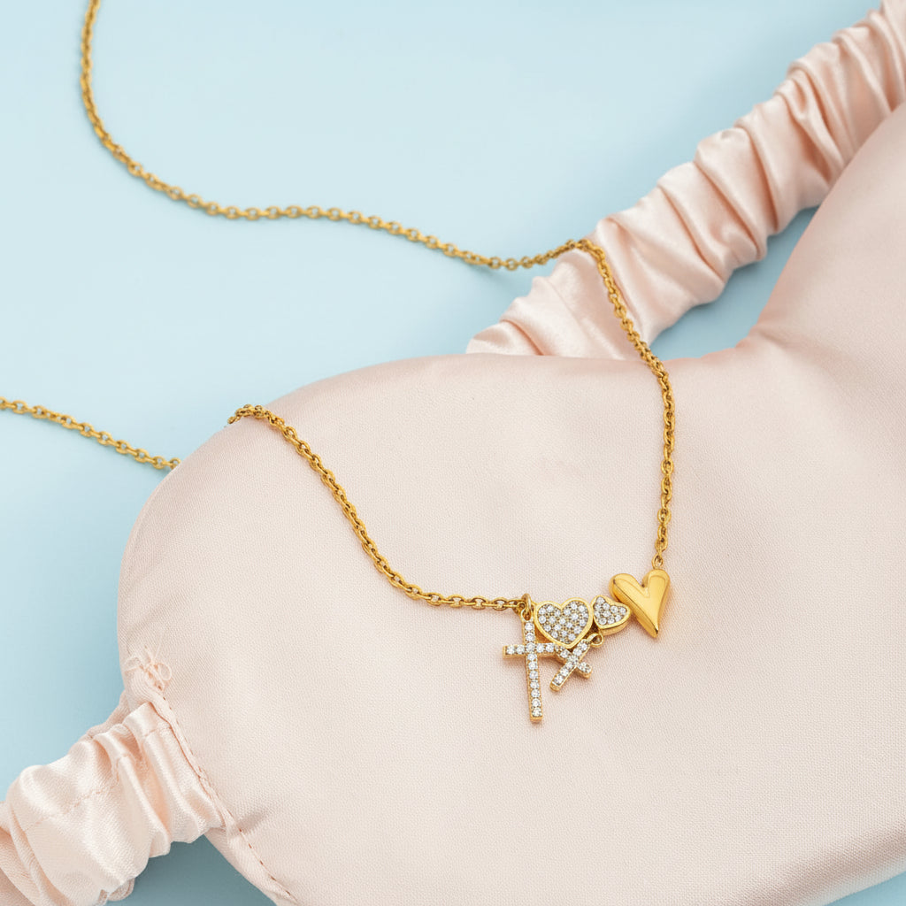 Elegant Heart and Cross Pendant Necklace w/Rhinestones