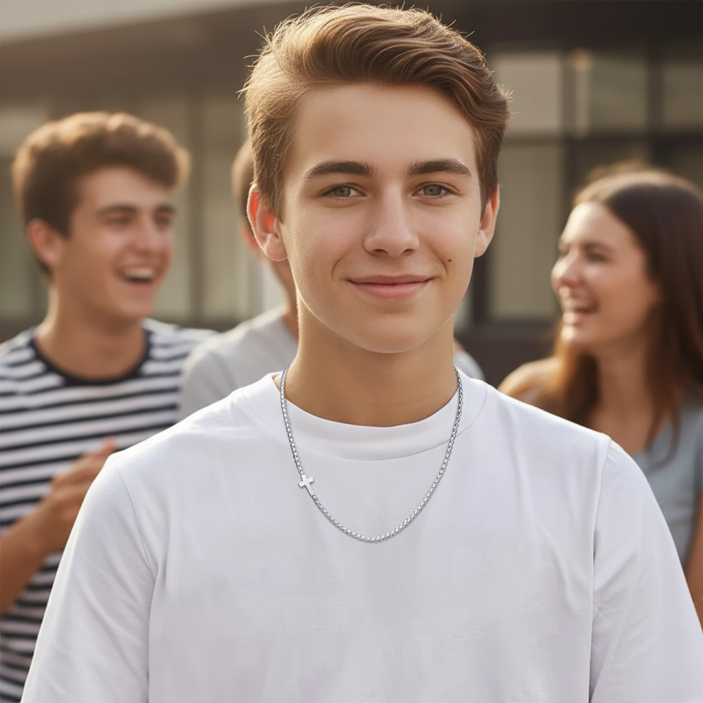 Young man in a white shirt with friends in the background