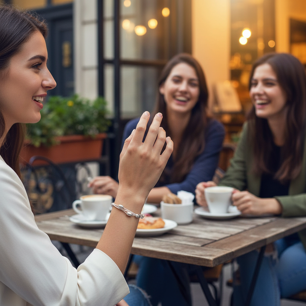 Three women sitting at an outdoor cafe table, enjoying coffee and pastries.