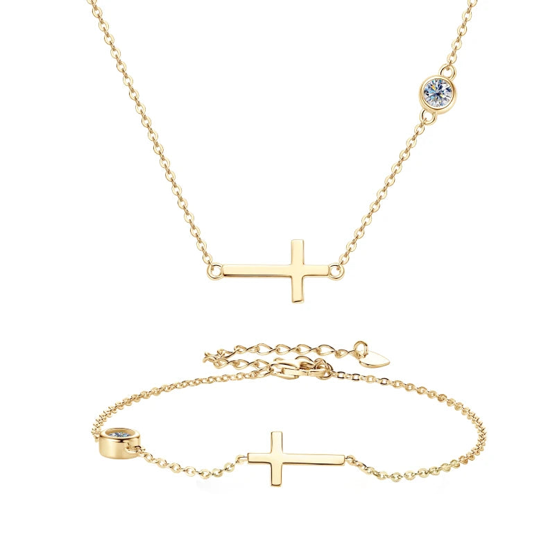 18K Gold Plated 925 Silver Cross Necklace & Bracelet Set