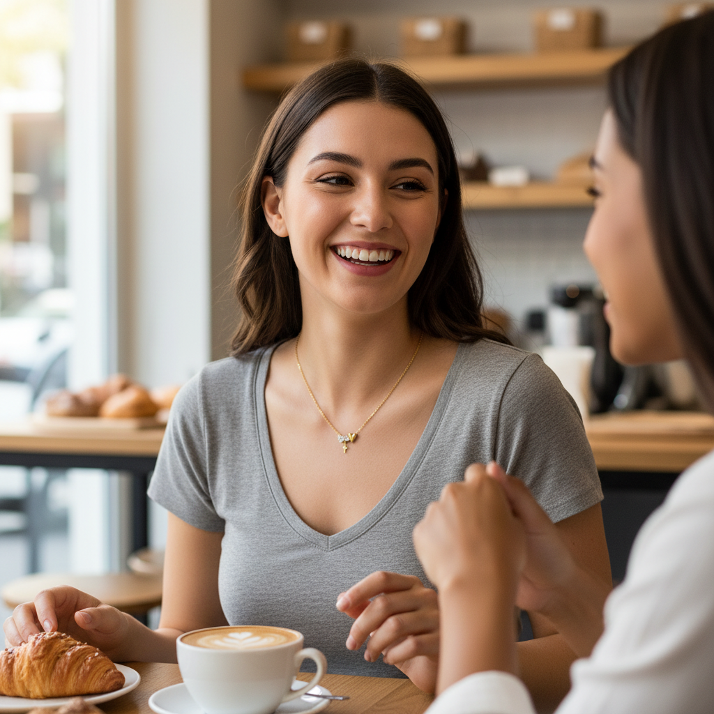 Two women sitting at a table in a cafe, enjoying a cup of coffee and a pastry.