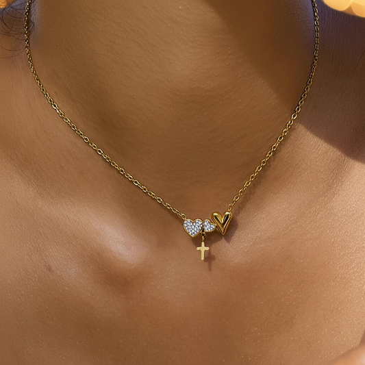 Elegant Heart and Cross Pendant Necklace w/Rhinestones