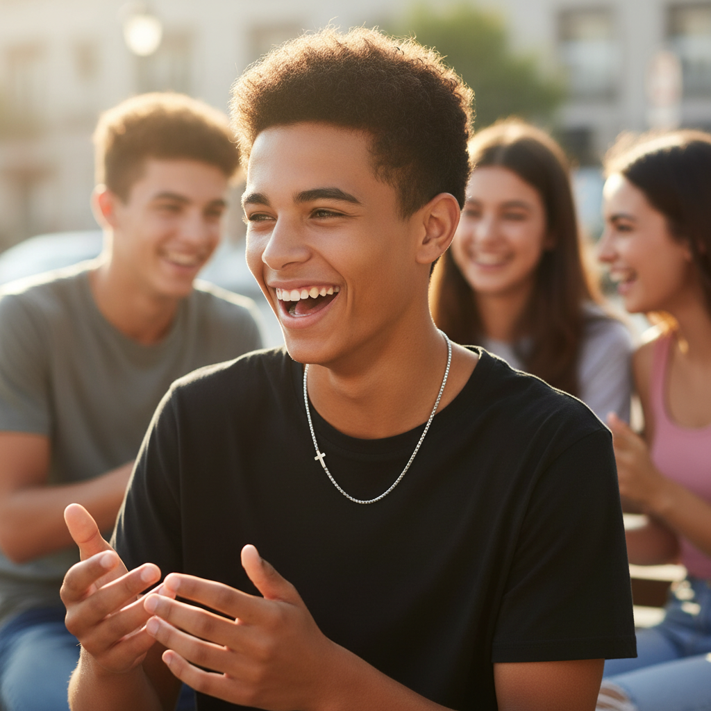 Young man laughing with friends in a casual outdoor setting