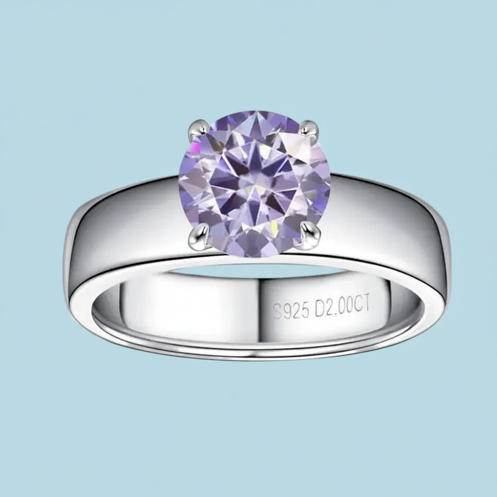 Silver ring with a purple gemstone on a light blue background