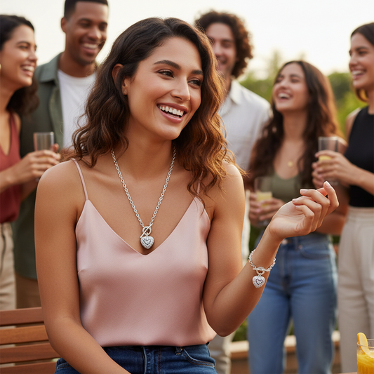 Woman smiling with friends in the background at an outdoor gathering