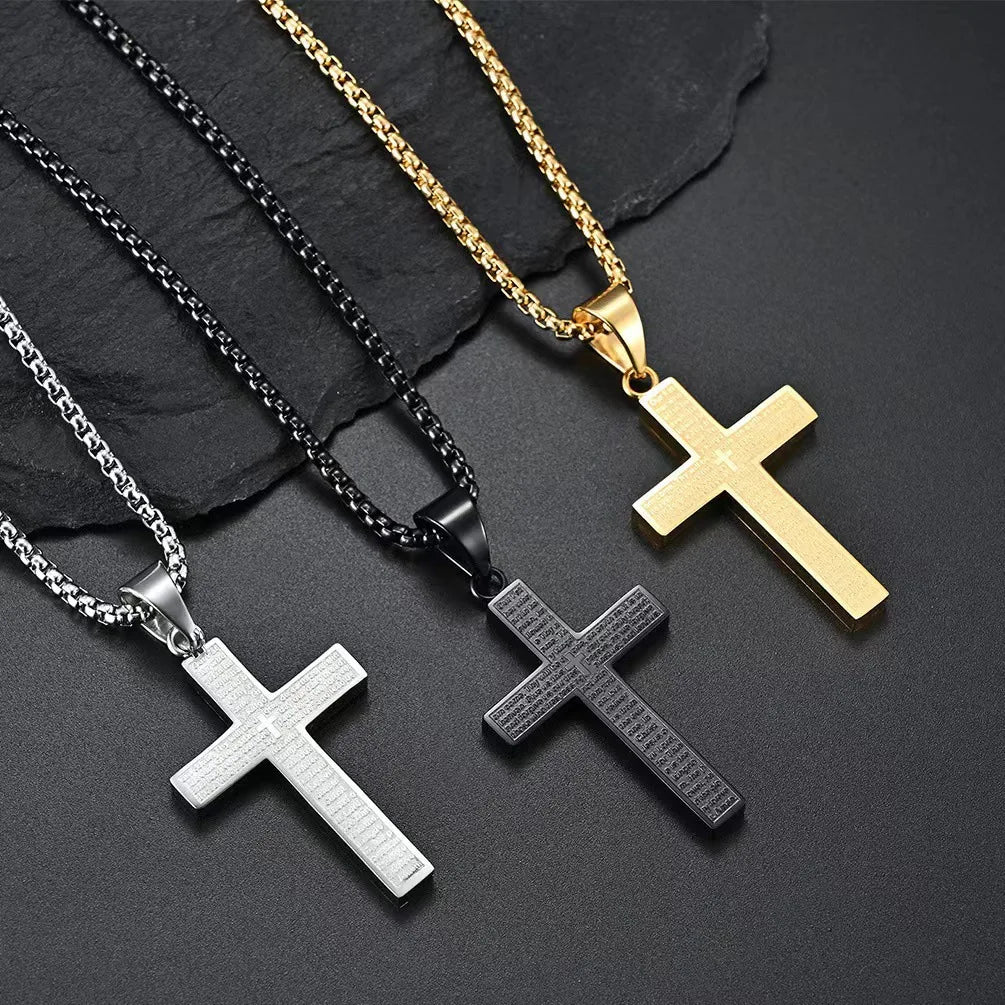 Unisex Lord's Prayer Engraved Cross Pendant Necklace