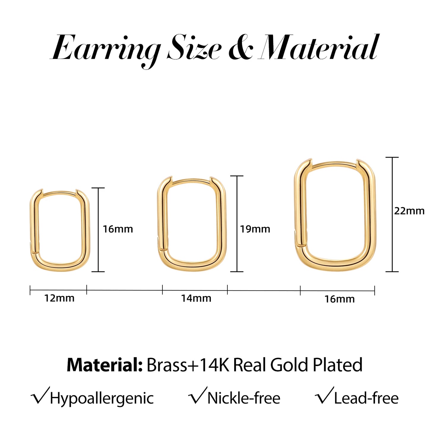 Gold hoop earrings with measurements and material details on a white background