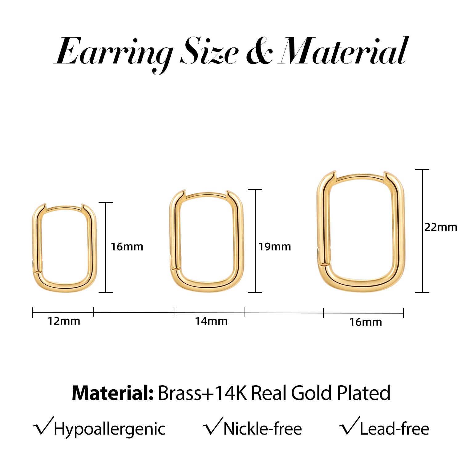 Gold hoop earrings with measurements and material details on a white background