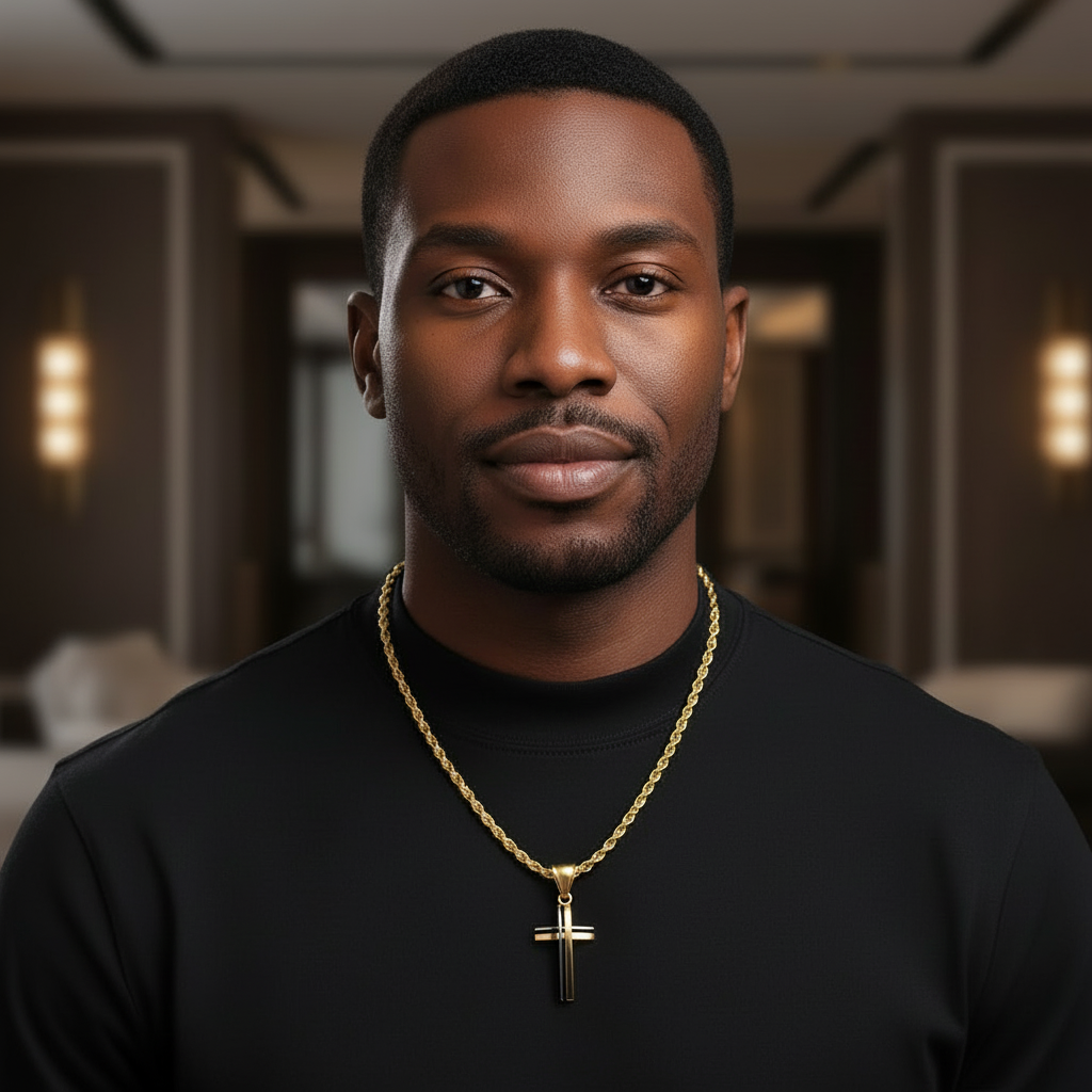 Man wearing a black shirt and gold necklace with a cross pendant in a blurred indoor setting